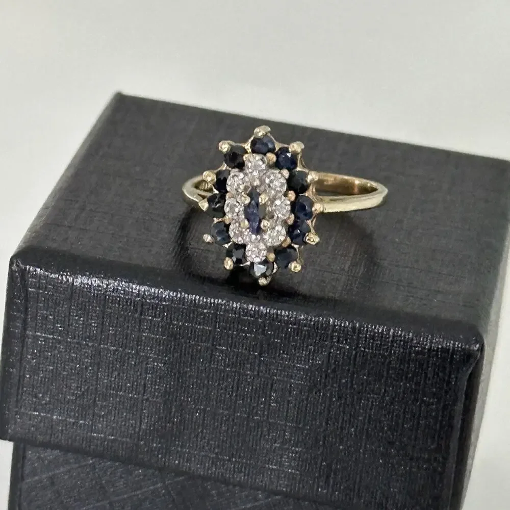 Vintage 10K Yellow Gold Sapphire & Diamond Halo Cluster Ladies Band Ring Size 6